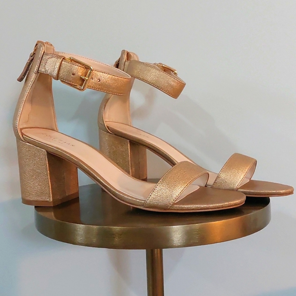 Metallic Rose Gold Block Heel Ankle Strap Sandals - Women